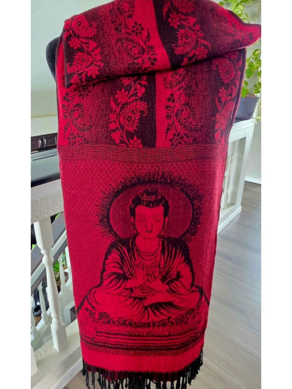 Buddha Pattern Red & Black Rayon Shawl Scarf Wrap With Fringe - 70" x 26" - Picture 9 of 12